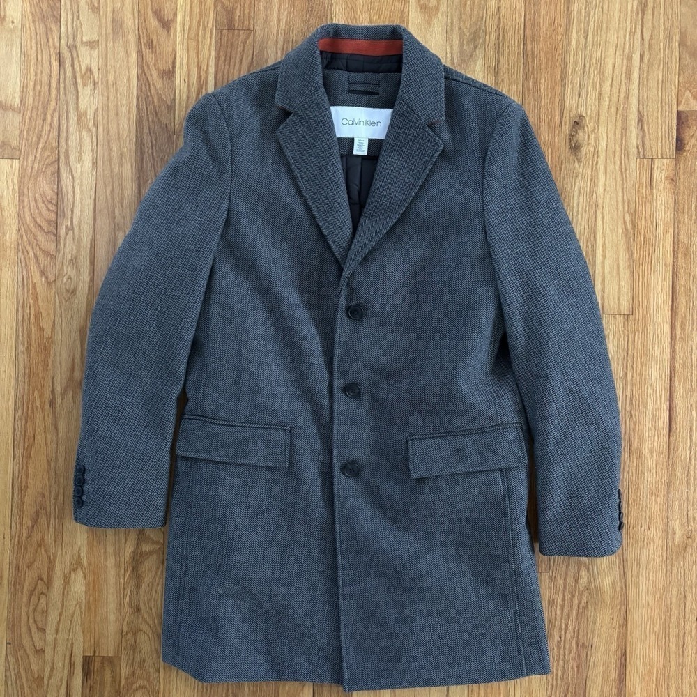 Calvin Klein Men's Herringbone Overcoat Sz Small Classic Grey Black New